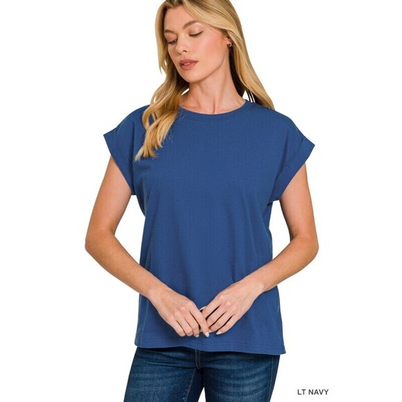 Zenana Tops - CT-3381Y LN Zenana Round Neck Folded Short Sleeve T-Shirt Lt-Navy Various Sizes